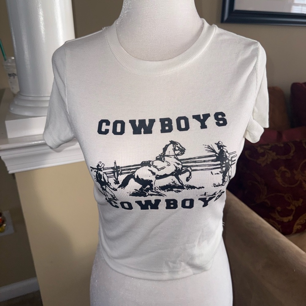 Shein White Cowboys Graphic Cropped T-Shirt